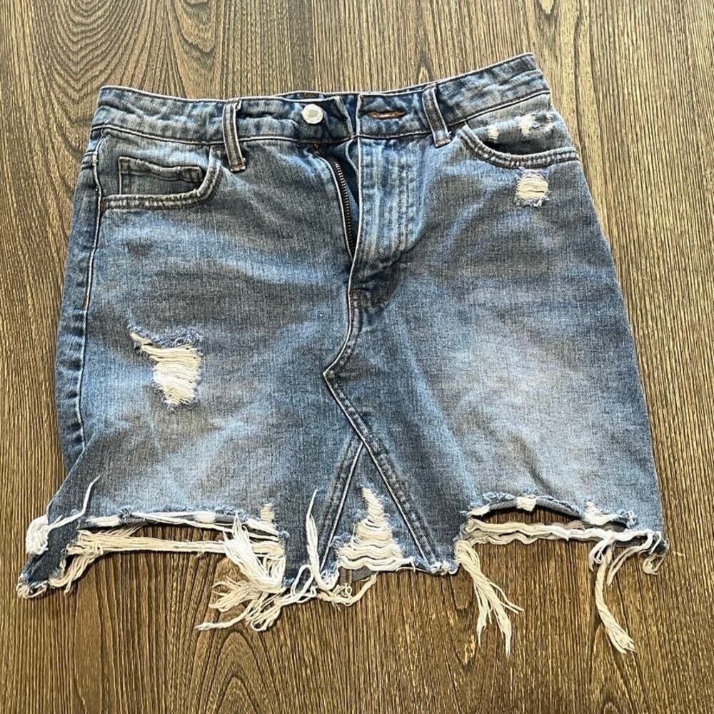 Vervet Womens Denim Mini Skirt Distressed Raw Hem Cotton Medium Wash Blue Size S